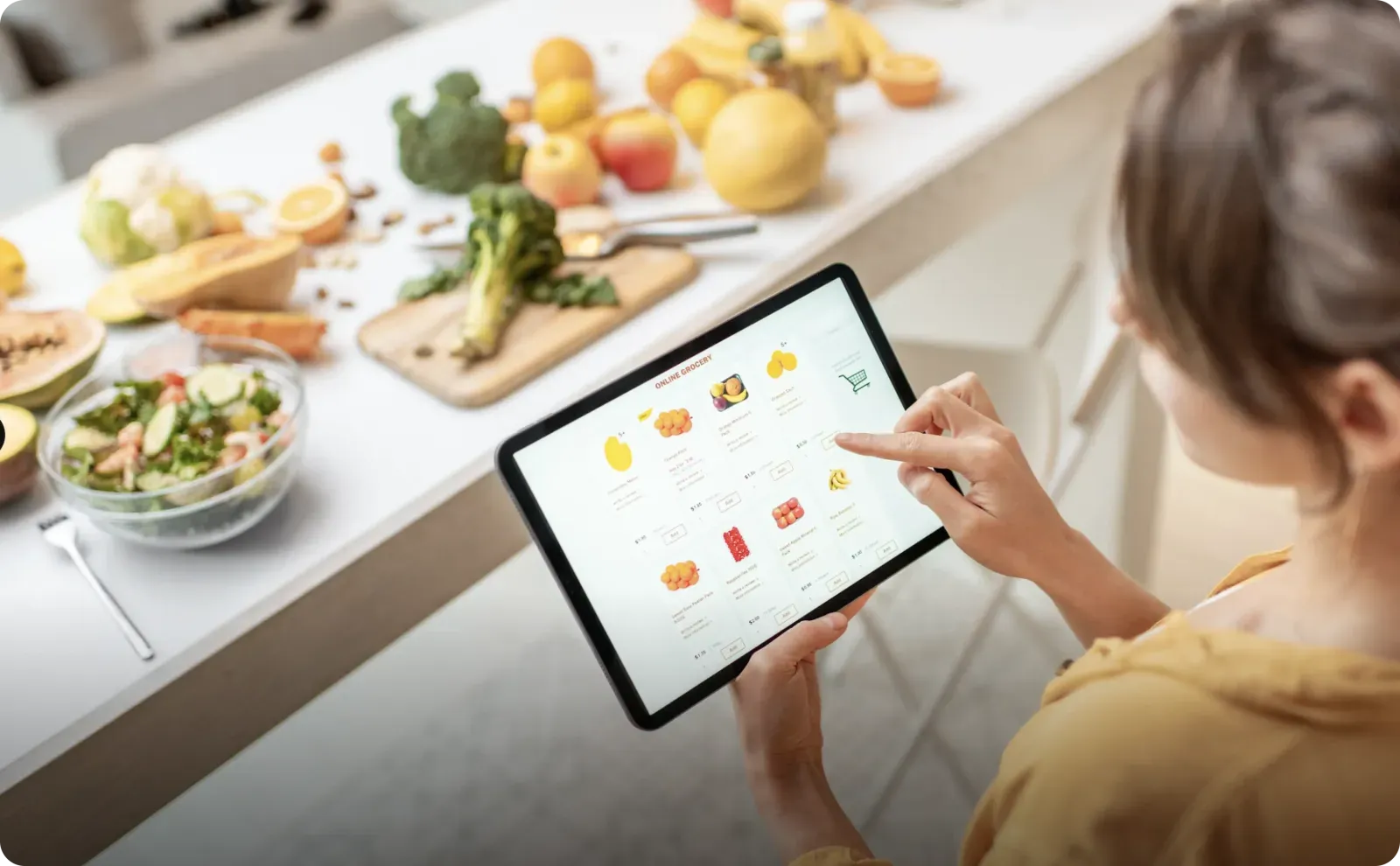 Person using a tablet to explore food products and ingredient data